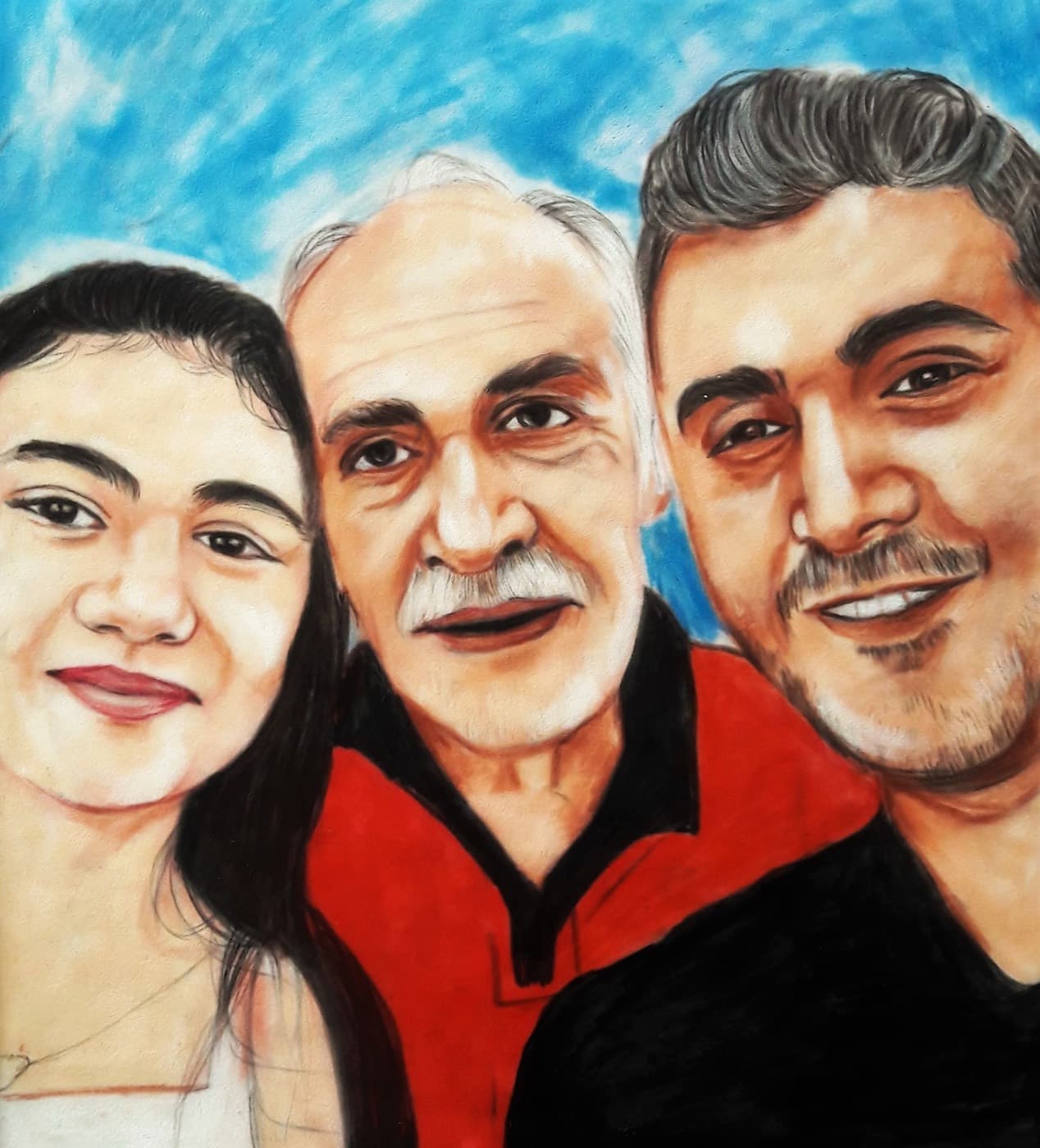 Üç kişilik bir ailenin renkli softpastel portresi