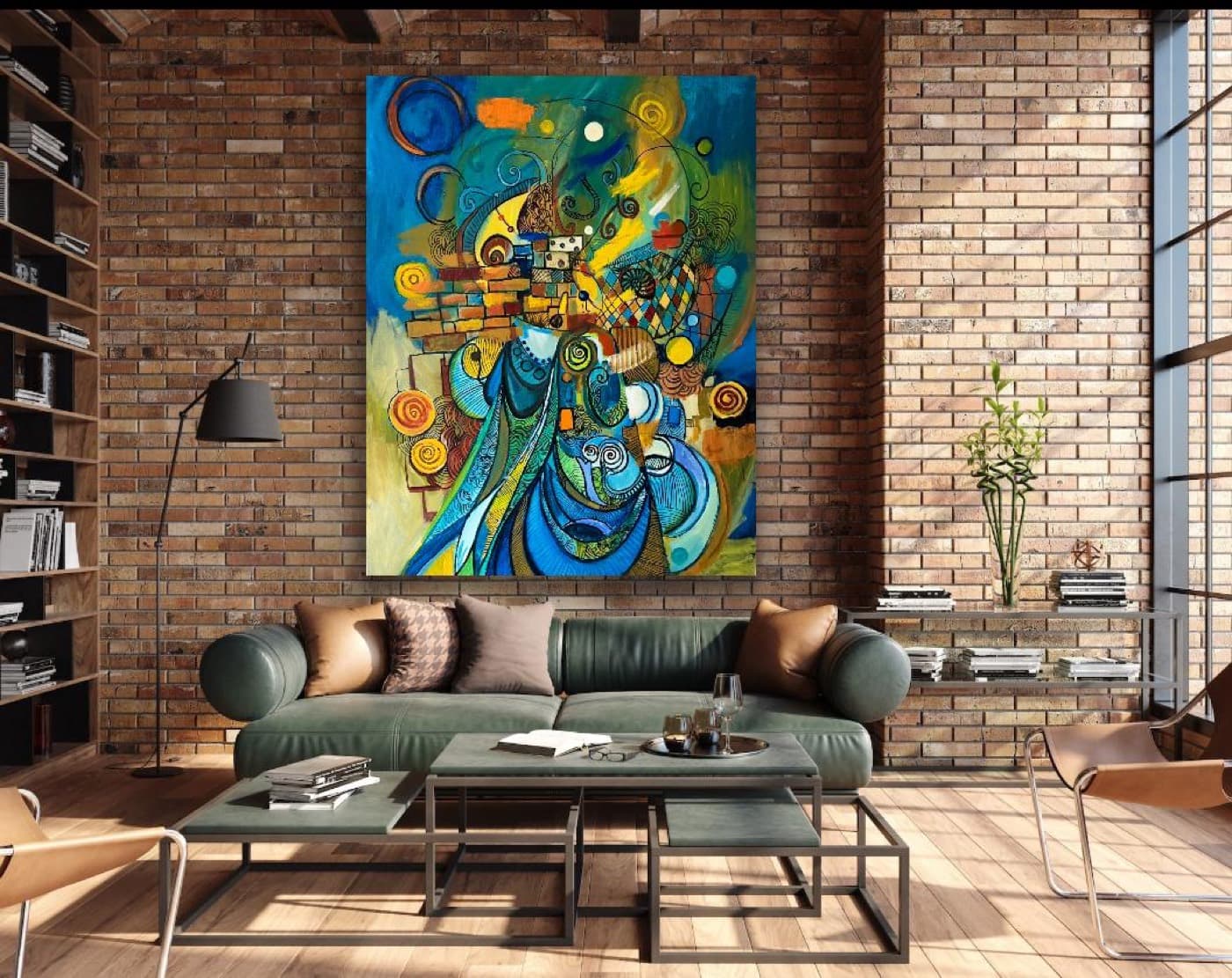 Tuğla duvarlı loft mekânda soyut tablo görselleştirmesi